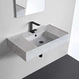 Marble Design Ceramic Wall Mounted or Vessel Sink With Counter Space Scarabeo 5123-F